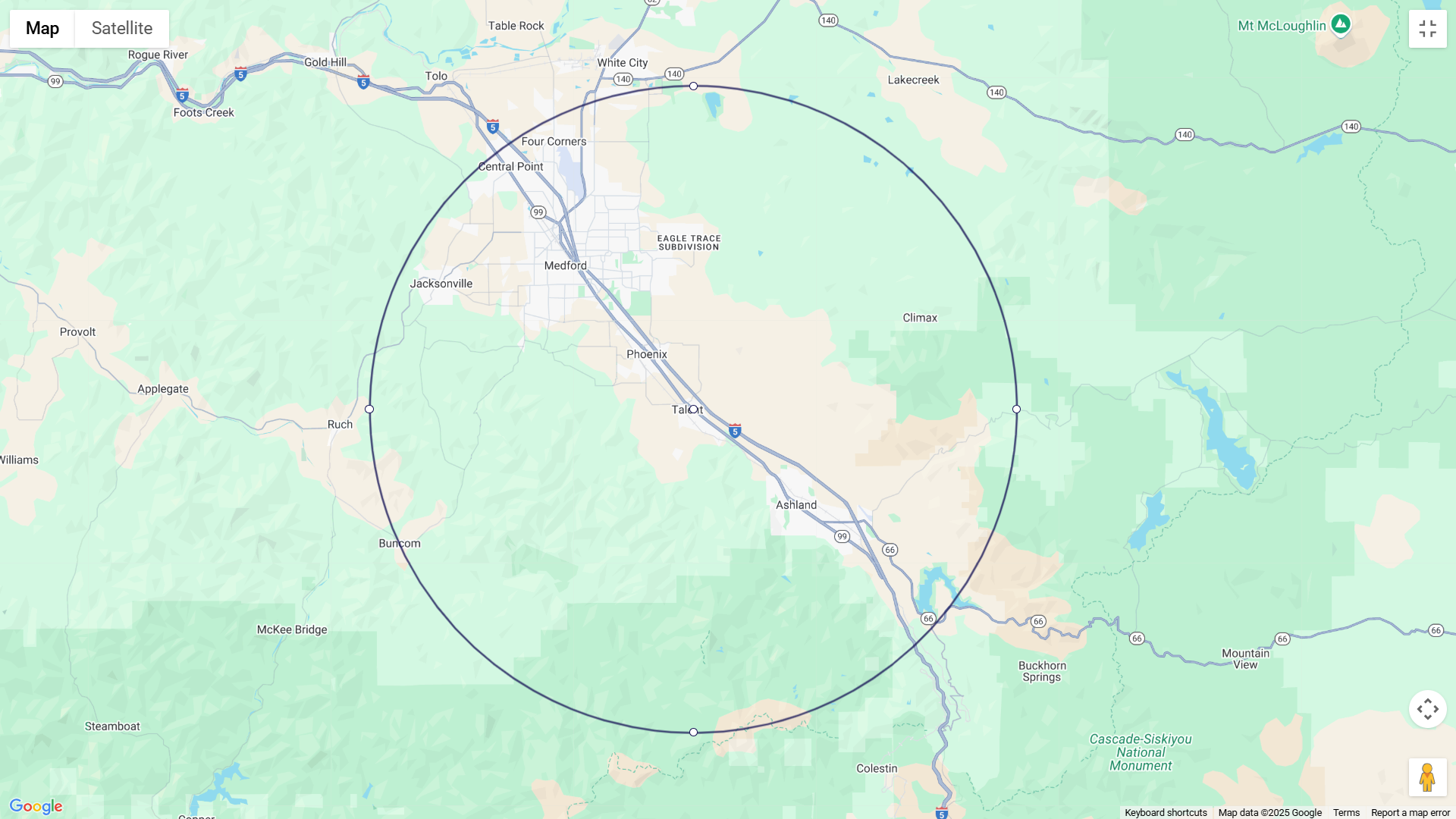 A map with a circle around the Ducks in a Row Photo Solutions service area of the Rogue Valley in Southern Oregon.