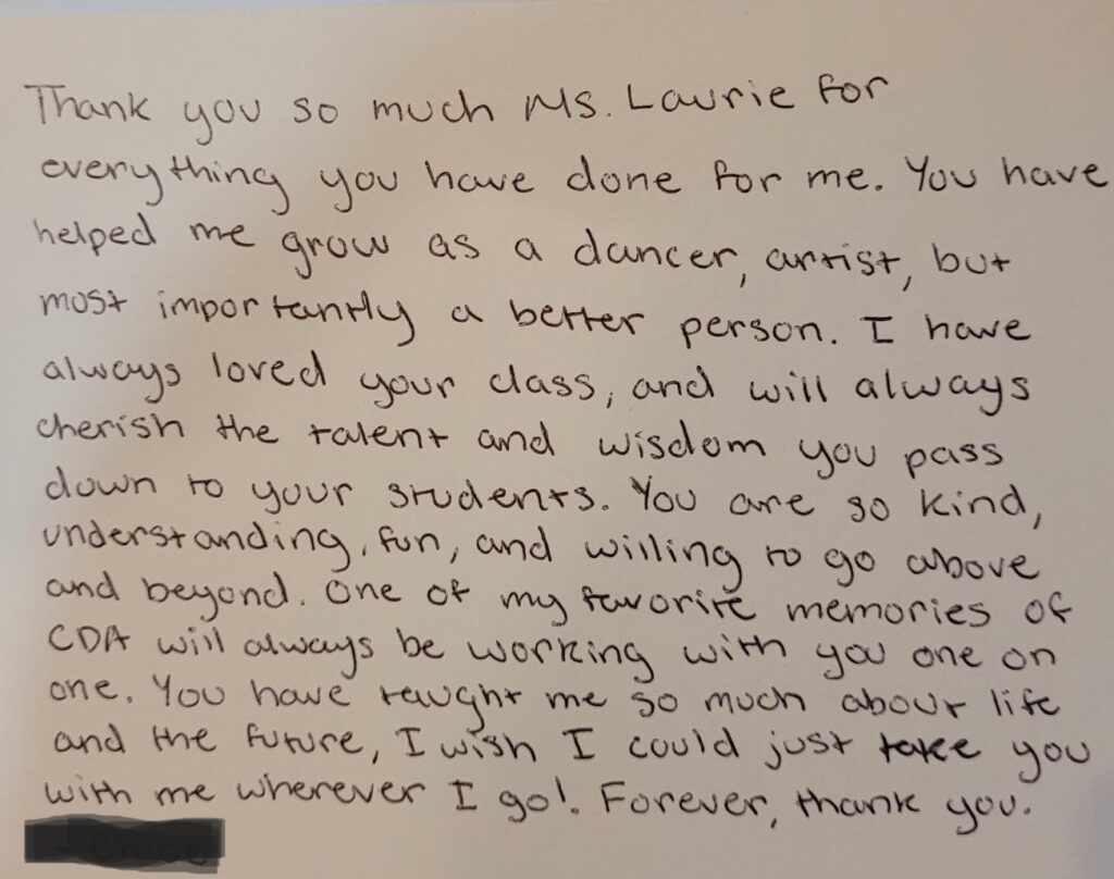 Note to author from a student which demonstrates the special relationship that develops between a teacher and student and the impact on their lives.