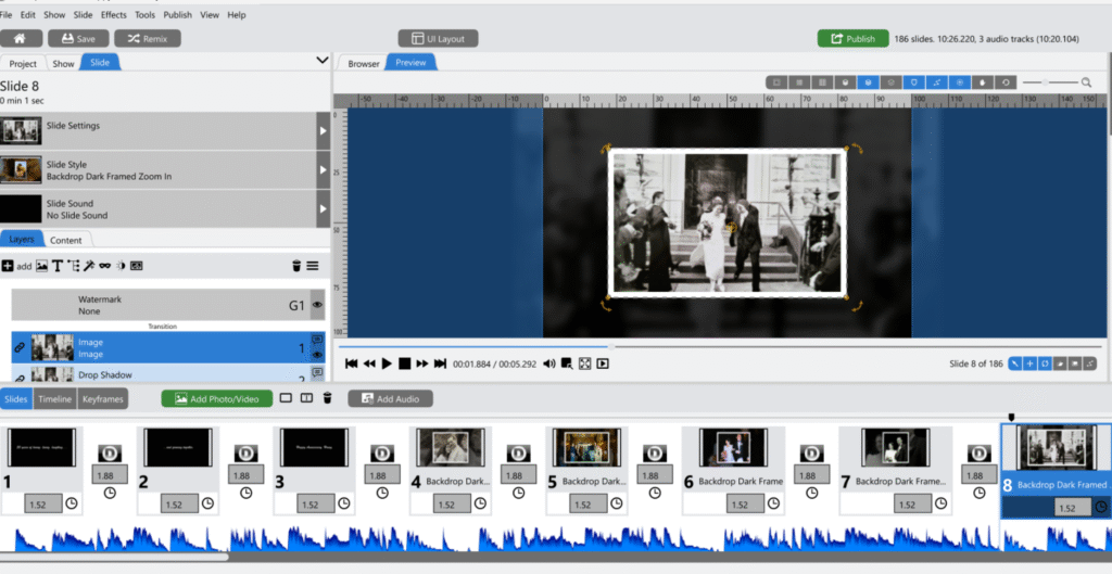 Southern Oregon photo manager's screen shot of software editing of a video slide show celebrating a special event. 