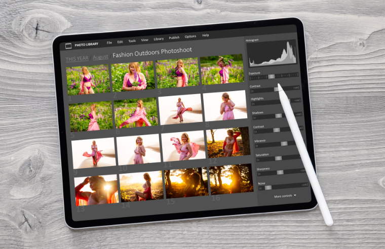 A Southern Oregon photo manager is culling photos for a client on a tablet.