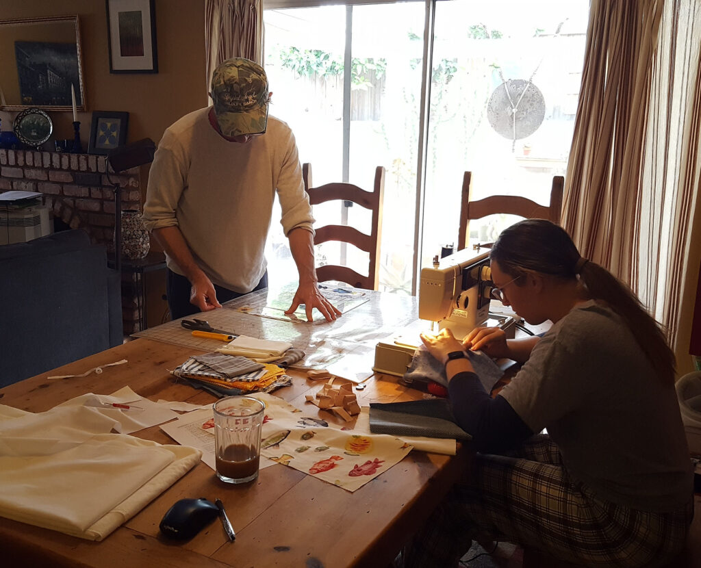 The author's family creating face masks during the pandemic.
